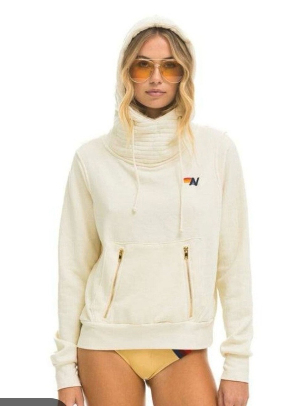 Aviator Nation Cream Hooded Pullover with Zip Pockets